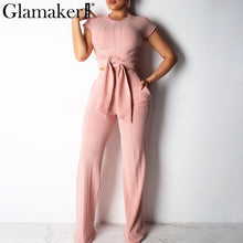 Load image into Gallery viewer, Glamaker Bodycon lace up black women jumpsuit pants autumn sexy pink fitness slim romper Female 2 piece suit party long playsuit