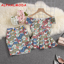 Load image into Gallery viewer, ALPHALMODA 2019 Summer Women Bandage Crop Top Skirt 2pcs Set Floral Printed Stretchy Peplum Fit Jacket Mini Skirt Sexy Suits