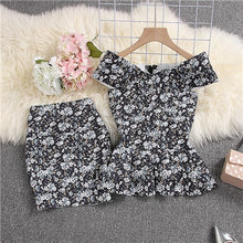 Load image into Gallery viewer, ALPHALMODA 2019 Summer Women Bandage Crop Top Skirt 2pcs Set Floral Printed Stretchy Peplum Fit Jacket Mini Skirt Sexy Suits